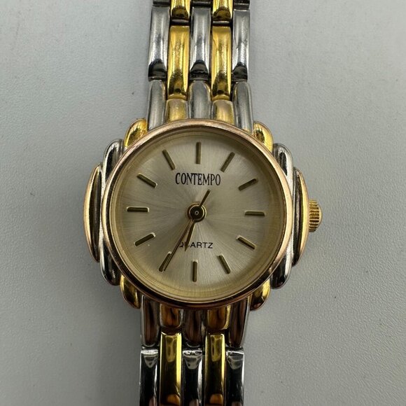 3/$30 Vintage Contempo Watch Women Silver Gold Round 23MM Case Works 6.5" - Picture 1 of 14